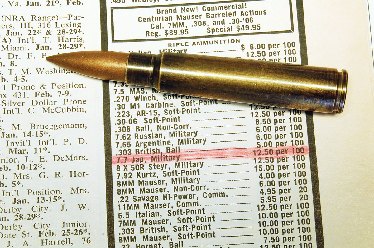 An ad from the 1960s listing 7.7 Japanese military ammunition. It cost two to three times more than other military surplus rounds.